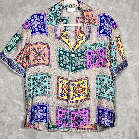 Pierre-Louis Mascia Womens Silk Graphic Camp Suit Set Beige Size S - Picture 2 of 6